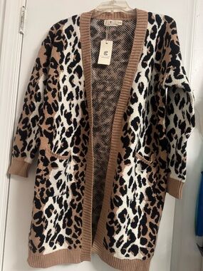 Leopard Print Open-Front Cardigan Sweater - Tan/Black/White